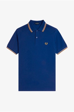 Fred Perry polo cobalto sombreado con ribete de dos franjas avena y panal de abeja. Ropa para hombre