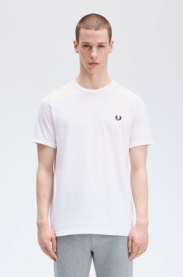 Fred Perry camiseta ringer blanca M3519 100. Camiseta de algodón con cuello redondo y manga corta