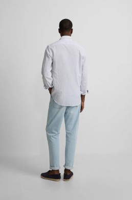 Camisa lino rayas verde Silbon look verano hombre