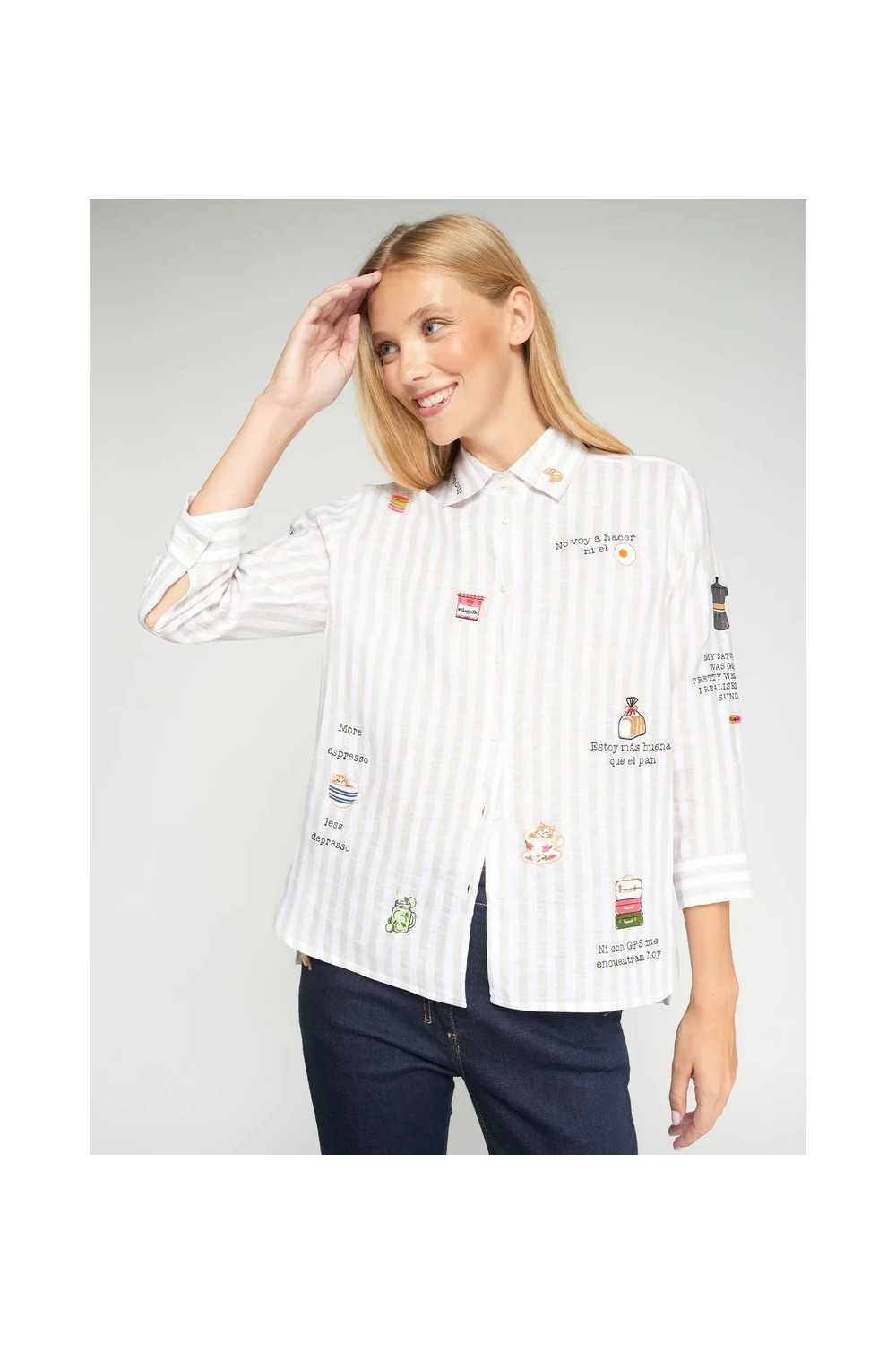 Camisa rayas beige bordados Vilagallo mujer