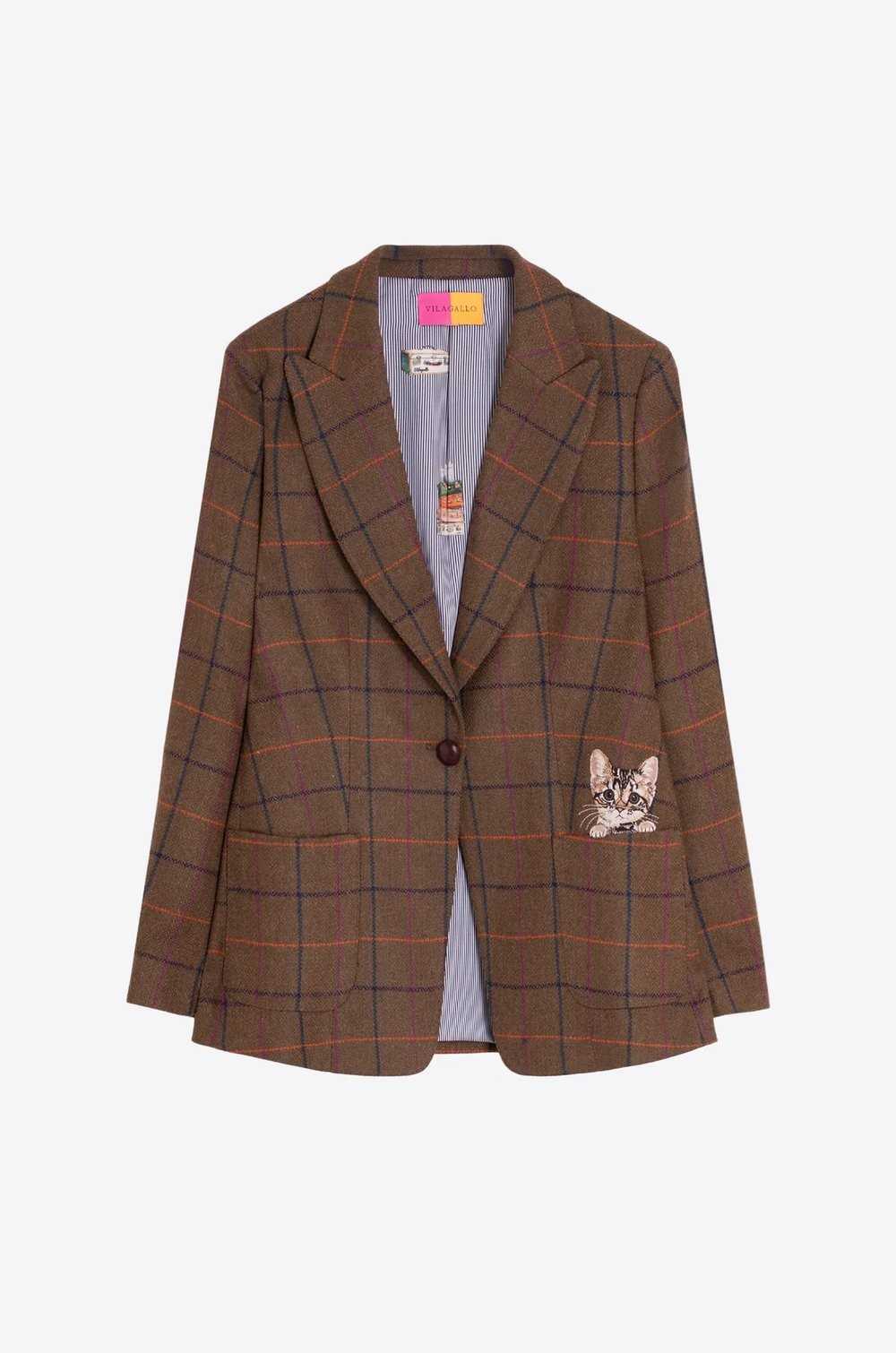 Chaqueta americana cuadros camel gato bordado Vilagallo mujer