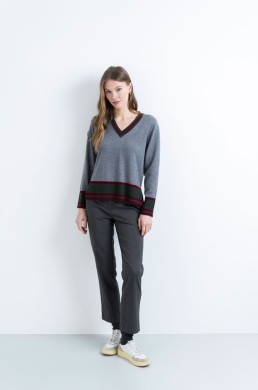 Jersey gris cuello pico verde y granate Hongo mujer