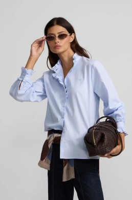 Camisa rayas celeste con volantes Silbon mujer look completo