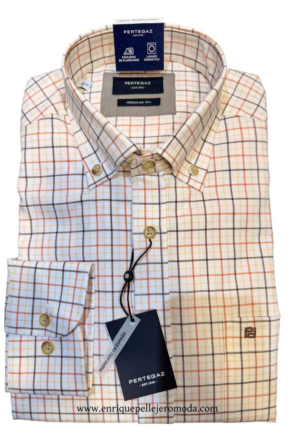 Pertegaz camisa cuadros beige y teja